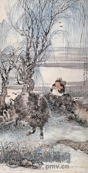 唐云 1939年作 牧童 立轴 设色纸本