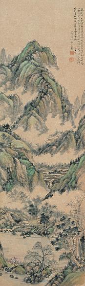 丁愚 1935年作 秋山佛寺 立轴 设色纸本