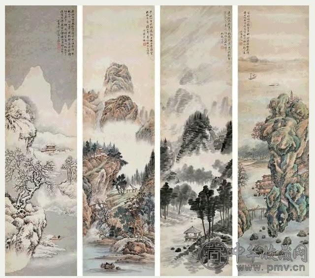 丁愚 1930年作 春夏秋冬四季山水 四屏轴 设色纸本