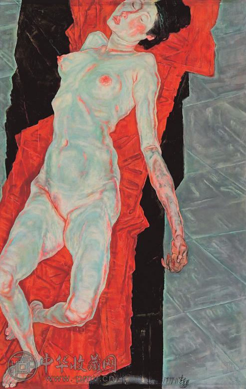 李贵男 1997年作 黑红布前裸女 布面油画
