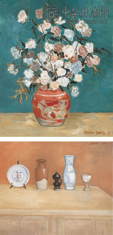 段建伟 2002年作 花卉 静物(2幅) 布面油画