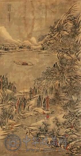 姚允在 1633年作 雪山行旅 立轴 设色绢本