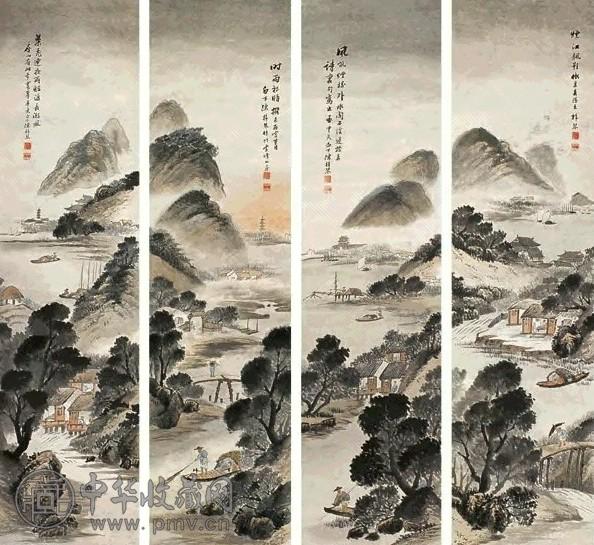 陈梓琴 山水(4屏) 立轴 设色纸本