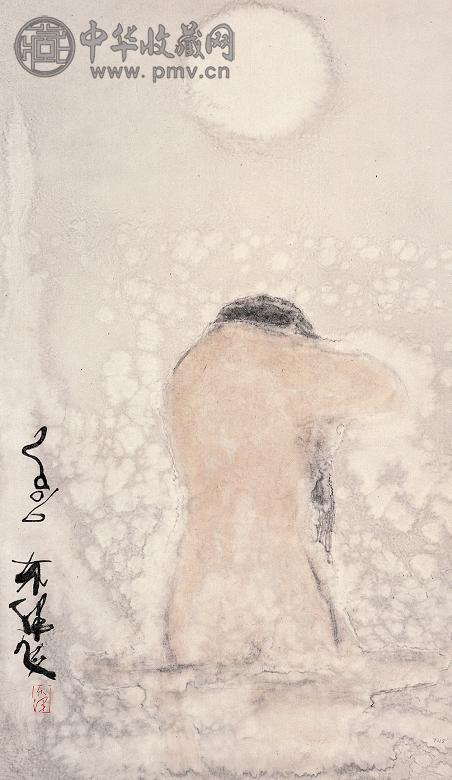 东泽 浴 镜心 设色纸本