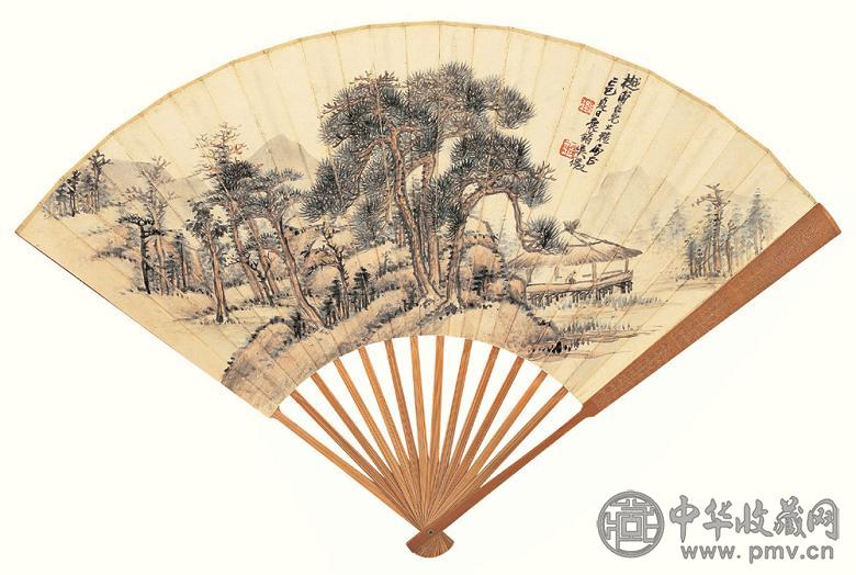 吴徵 朱益藩 松风水阁 论杜诗 成扇 设色纸本