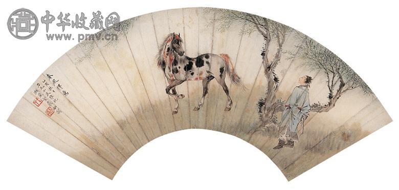 戈湘岚 林雪岩 1945年作 春风得意 行书 扇面 设色纸本