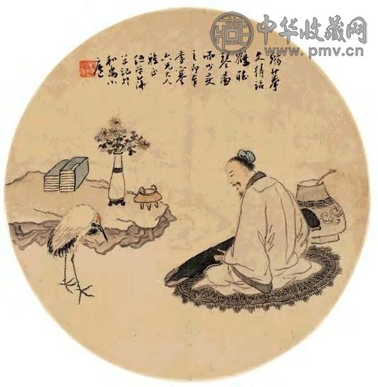 伍学藻 琴鹤怡情图 立轴 设色绢本