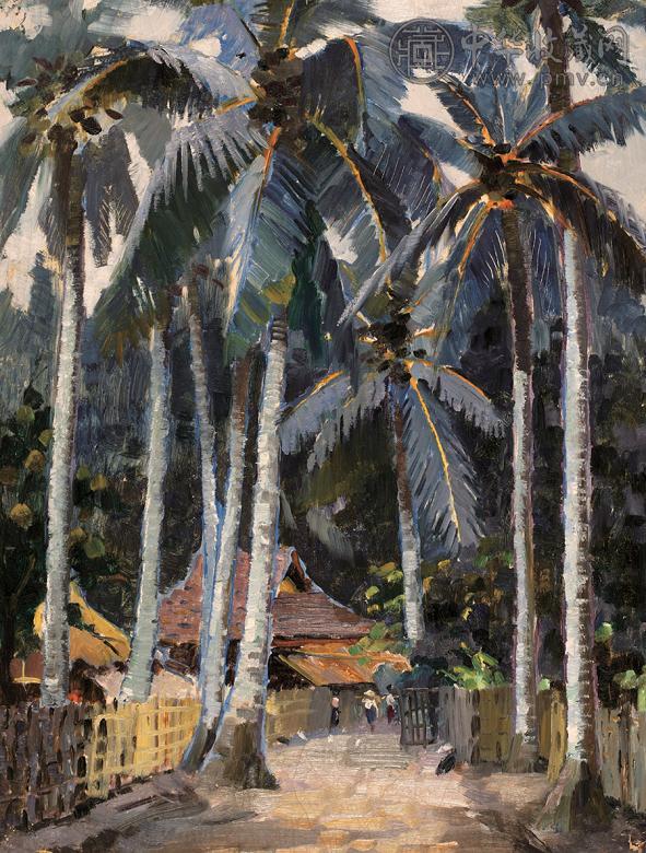 尹戎生 傣寨椰林 纸板 油画