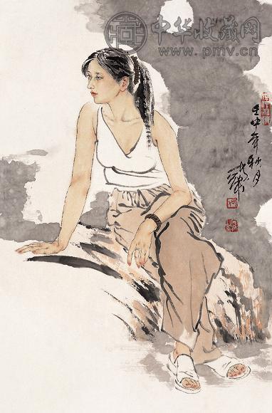 何家英 壬申(1992年)作 月下少女 镜心 设色纸本