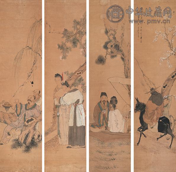 孙痒 人物 四屏 设色纸本