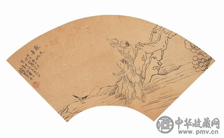 钱慧安 1882年作 人物扇面 立轴 水墨纸本