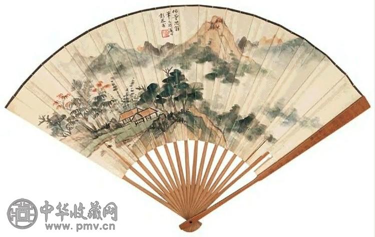 彭恭甫 山水 书法 扇面 设色纸本