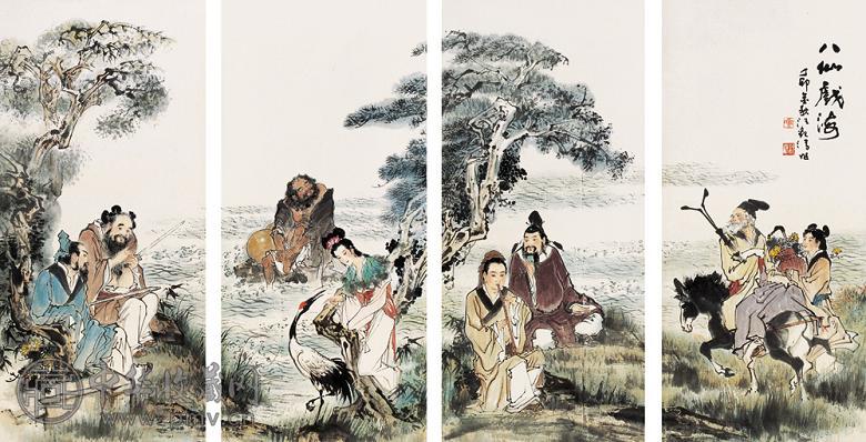 汪观清 1987年作 八仙图屏 四屏 设色纸本