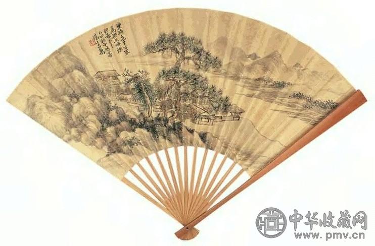 吕万 1915年作 松荫书屋图、书法 成扇 设色纸本