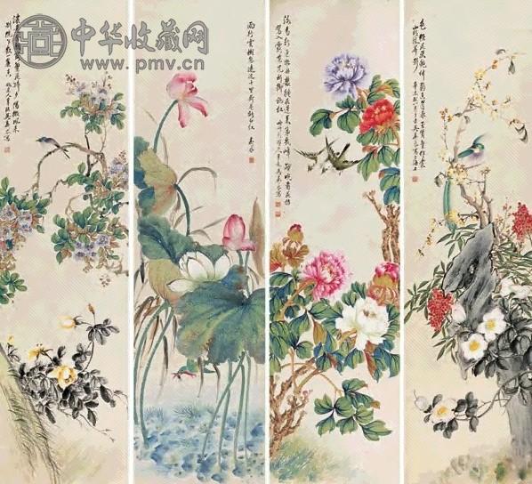 吴寿谷 1931年作 花鸟 四屏 设色纸本