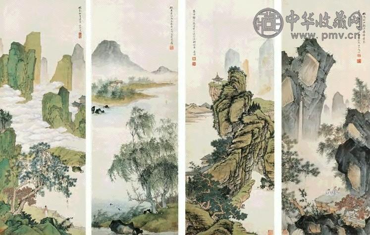 赵浩公 山水人物 四屏 设色绢本