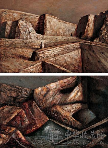 丁方 1987年作 城市系列(2幅) 油画 画布