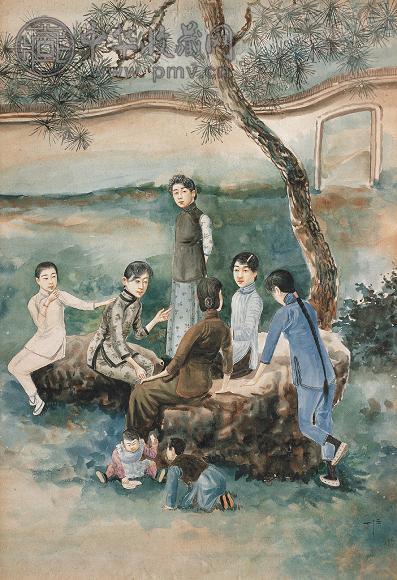 丁悚 1917年作 民国六美图 油彩纸板