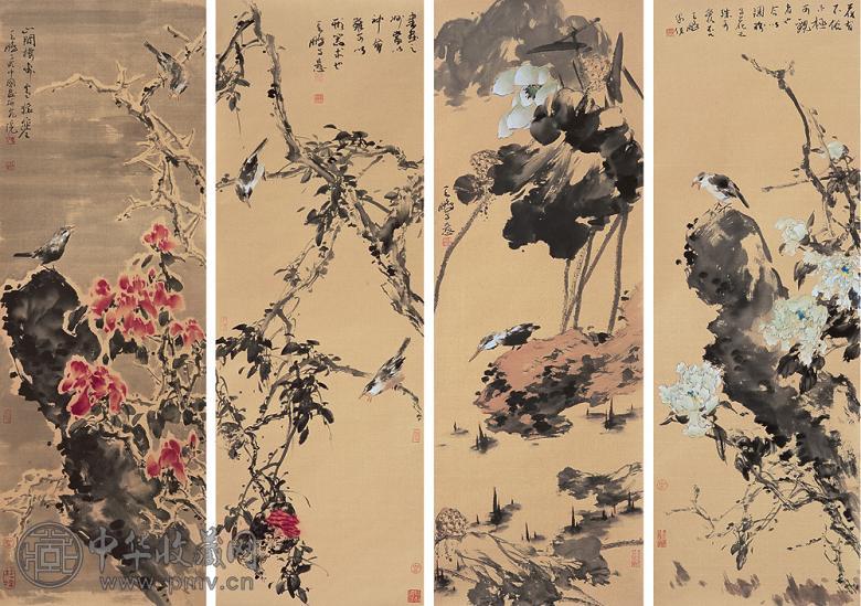 陈鹏 2005年作 花鸟 四屏 设色纸本