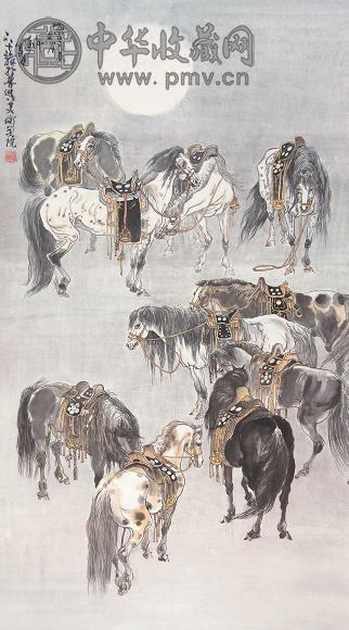 许勇 十骏图 立轴 设色纸本