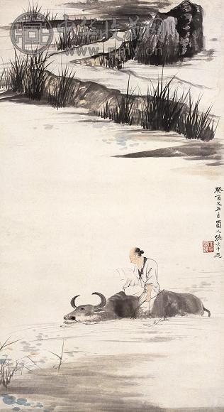 张大千 1933年作 牧牛读书图 立轴 设色纸本