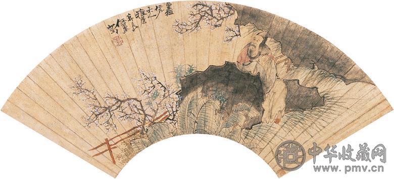 任薰 赏花图 扇面 设色金笺