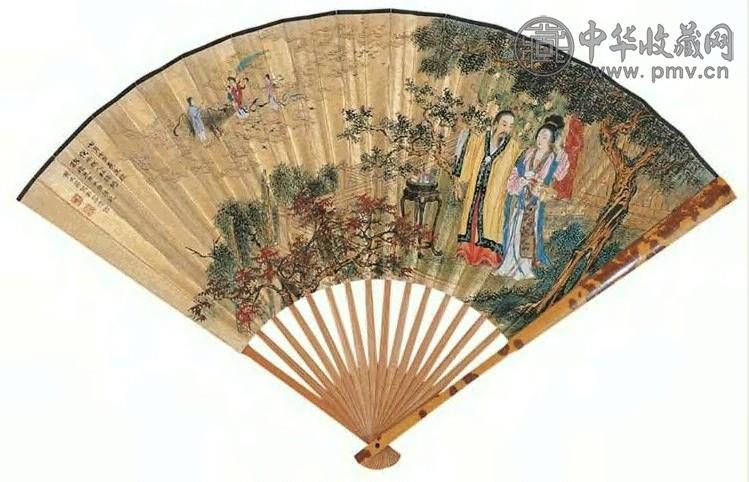 叶大荣 长生殿中 扇面 设色金笺