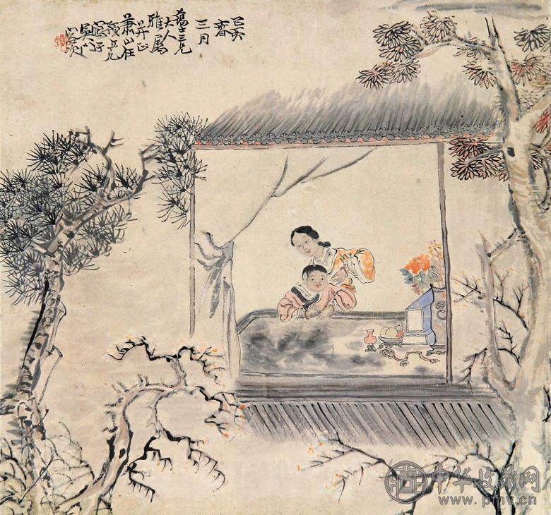 任预 己亥(1899年)作 教子图 立轴 设色纸本