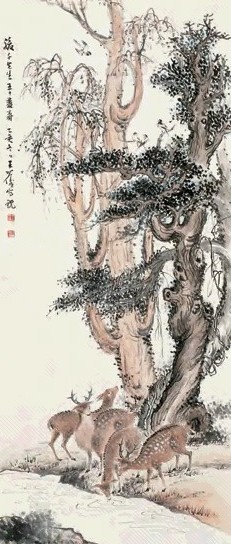 王羽仪 乙亥(1995年)作 长寿图 立轴 设色纸本