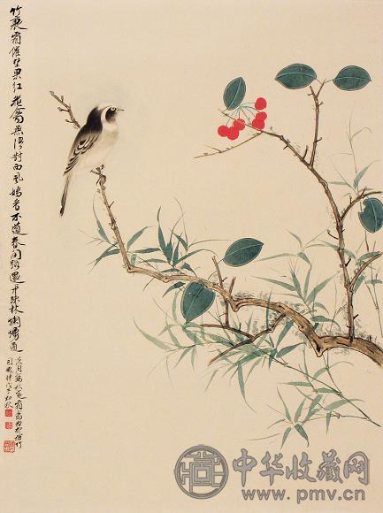 谢稚柳 陈从周 戊子(1948年) 作 花鸟 镜心 设色纸本
