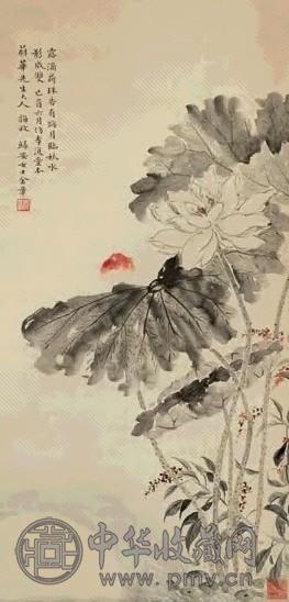 金章 己酉(1909年)作 荷花 立轴 设色绢本