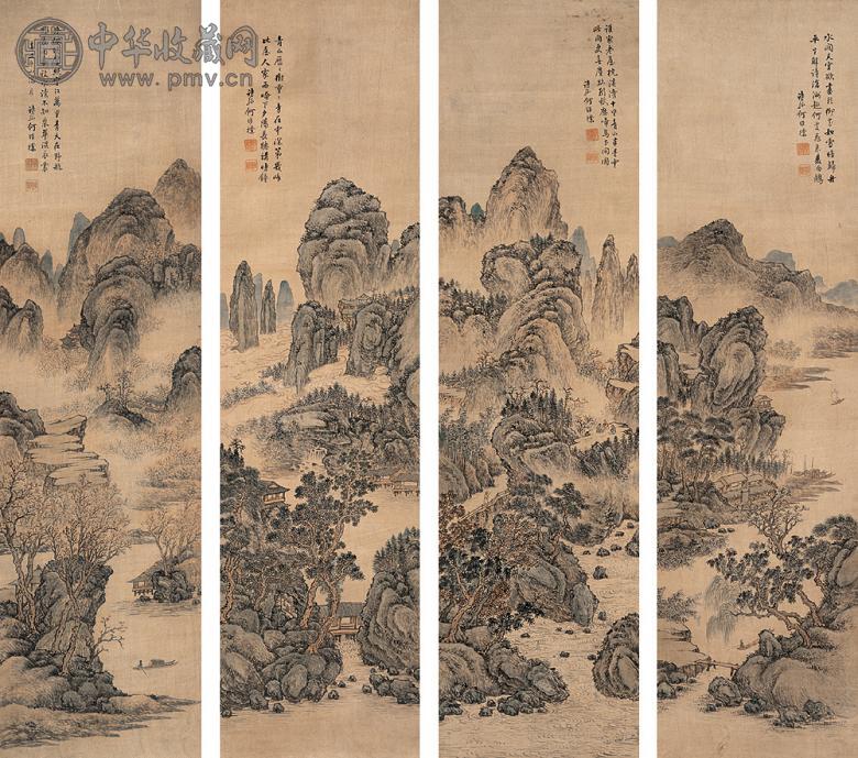 何维朴 辛丑(1901年)作 山水 四屏 设色绢本