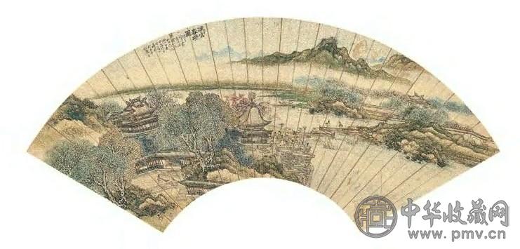 朱鼎 1873年作 汉宫春晓图 扇面 设色金笺