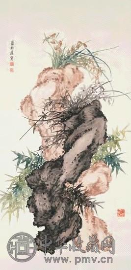 罗朝汉 兰石幽篁 立轴 设色绢本