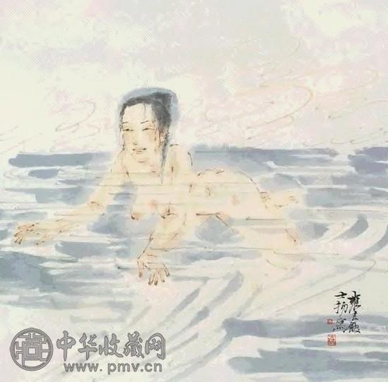 何士扬 泳 镜心 设色纸本