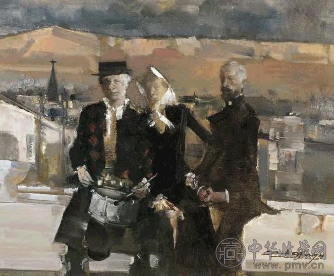 俞晓夫 街头的老人 油彩 画布 框