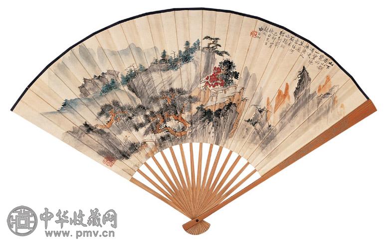 申石伽 叶尔恺 1939年作 山水 章草 成扇 设色纸本