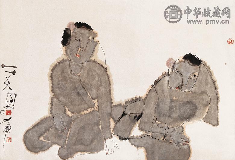 石虎 1990年作 二女图 立轴 设色纸本