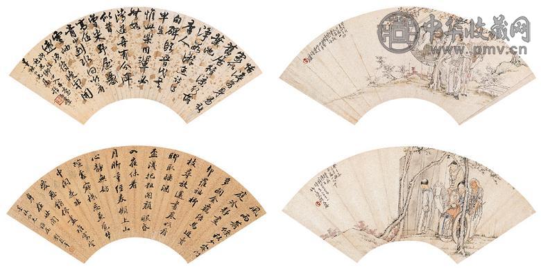 钱慧安 刘彭年 等 书画扇面四挖 镜心 设色纸本