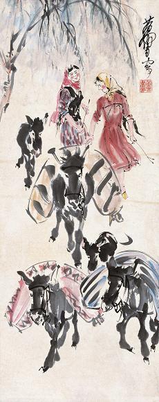 黄冑 运粮图 立轴 设色纸本