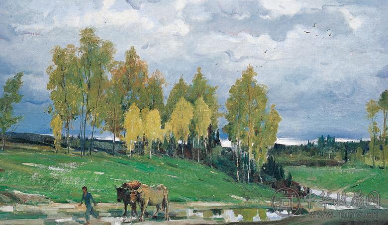 全山石 2001年作 牛与山水 布面油画