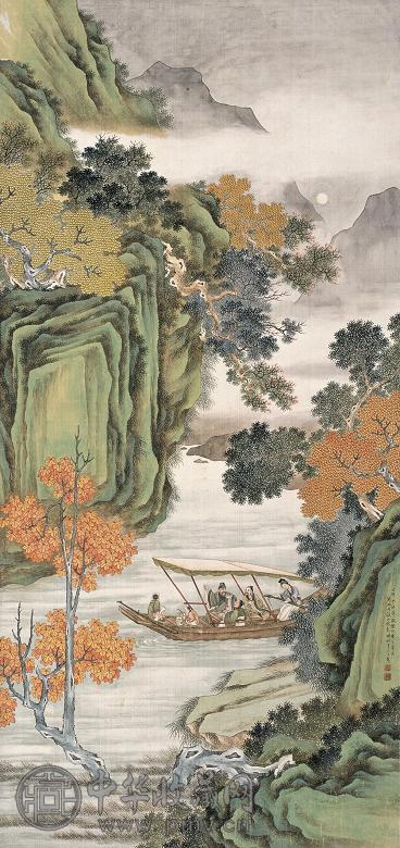 彭旸 丁卯(1927年)中秋节后 山水画风夜泛舟 镜心 绢本