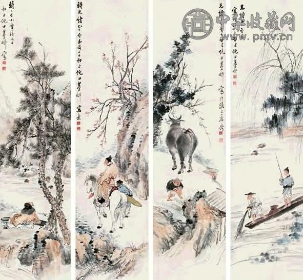 倪墨耕 乙巳(1905年)作 山水 人物 四屏 设色纸本