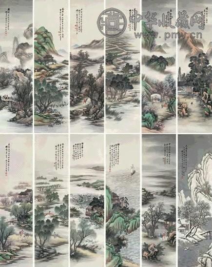 陈梓琴 十二月令四季山水图屏 十二屏 设色纸本