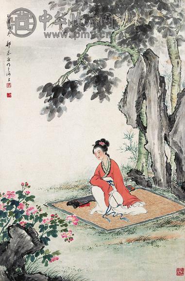 郑慕康 1955年作 碧梧生凉月 立轴 设色纸本