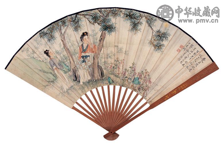 叶尔莹 潘叔澄 倚桂图并楷书 成扇 设色纸本