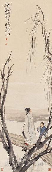 程璋 携酒访友图 立轴 设色纸本