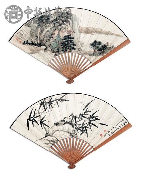 李秋君 李祖韩 山水 竹石图 成扇 纸本