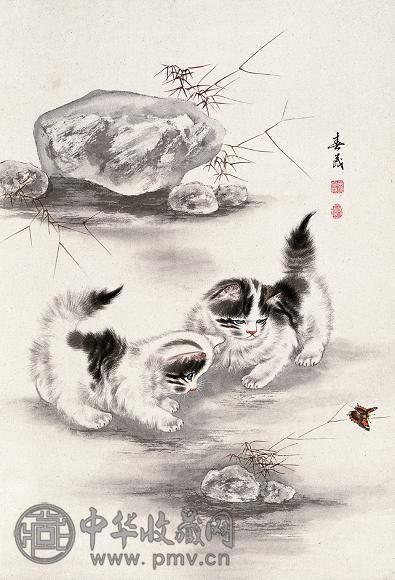 米春茂 现代 猫趣 立轴 设色纸本