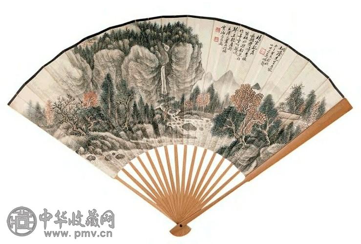吕万 叶恭绰 1883年作 山水 行书 成扇 设色纸本